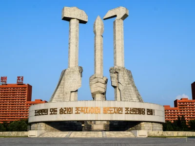The Monument to Party Founding (당창건기념탑), Pyongyang, North Korea. The hammer, sickle and calligraphy brush symbolise the workers, farmers and intellectuals of the DPRK. The structure is 50 metres high to recognise the 50-year anniversary of the founding of the Workers' Party of Korea.