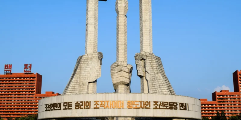 The Monument to Party Founding (당창건기념탑), Pyongyang, North Korea. The hammer, sickle and calligraphy brush symbolise the workers, farmers and intellectuals of the DPRK. The structure is 50 metres high to recognise the 50-year anniversary of the founding of the Workers' Party of Korea.